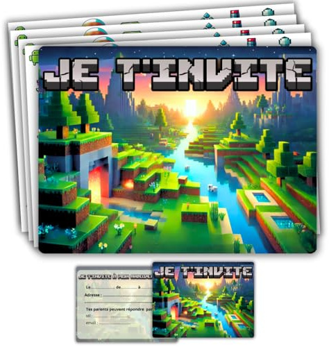 roxisha - Lot de 10 Cartes Invitation Anniversaire Thème Minecraft + Enveloppes - Garçon et Ado - Carte Postale 10,4 x 14,8 cm - Préremplies en Français - Idéal pour Fête et Goûter d'Anniversaire