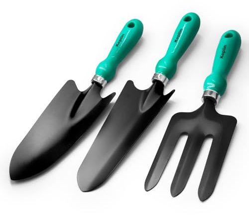 Keplin - 3pc Garden Tool Set - Carbon Steel Blades & PP Handles - Includes Trowel, Transplanting Trowel & Fork - Durable & Weatherproof - 11.5cm Handles - Essential for Digging, Planting & Weeding
