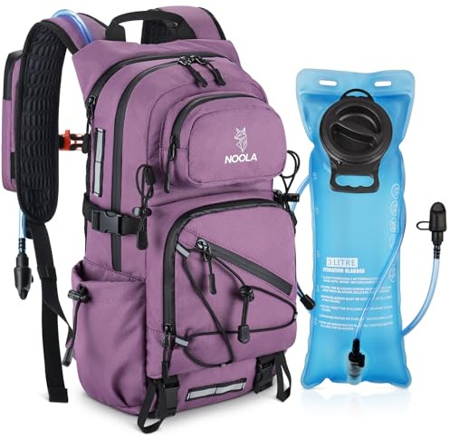 NOOLA Hydration Backpack with 3L Water Bladder - 22L Water Backpack for Hiking, Cycling, Running, Biking - Lightweight Hiking Pack Bag with Rain Cover, Phone Holder and Trekking Pole Holders, Purple