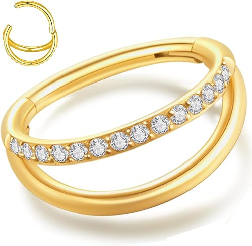Anneau de nez double anneau en acier chirurgical 20 g, 18 g, 16 g pour un seul piercing – Hypoallergénique – Anneaux de nez segmentés à charnière en plaqué or véritable 14 carats | Bijoux de septum en