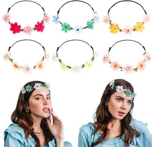 Wanmu Lot de 6 couronnes de fleurs pour femme et fille, couronne de cheveux bohème pour mariée, demoiselles d'honneur, mariage, cérémonie, fête, festival