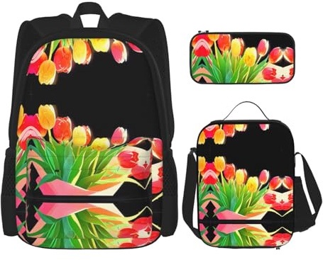 WZYCWB Un bouquet de tulipes Ensemble sac à dos (3 pièces) – Sac d'école pour étudiant + trousse + sac à déjeuner + sac à dos de grande capacité