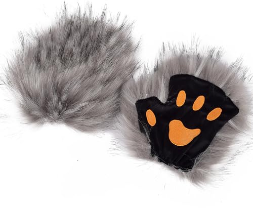 Women Men Therian Animal Faux Fur Paw Gloves Unisex Adults Plush Furry Gloves Cute Cat Wolf Paw Warm Mittens Cosplay Costume Party Halloween Birthday Hand Accessory