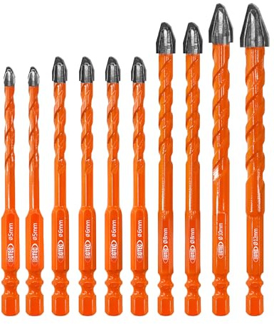 BGTEC Juego de Brocas de Carburo de Tungsteno - 10 Piezas Ø 5-12 mm Juego de Brocas Profesional para Madera, Plástico, Ladrillo, Cerámica, Vidrio, Hormigón y Mármol