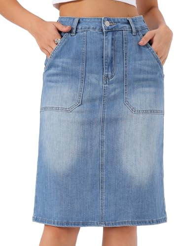 Allegra K Jupe en Jean Femme Coupe Droite Décontractée Taille Haute | Fente au Dos Longueur Genou Extensible avec Poches