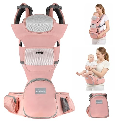 FitBubs Portabebés con asiento de cadera – Ergonómico & Transpirable, Portabebés y cadera para bebés y niños pequeños (rosa)