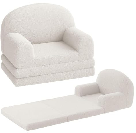 AffinityFurn Kids Couch Sofa Bed, 2-in-1 Folding Toddler Chair Bed, Convertible Soft Sherpa Toddler Couch, Foldable Kids Armchair Sofa, Children's Day and Birthday Gift for Girls Boys, White