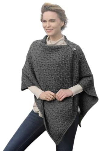 Irisk Aran Poncho stickad poncho kappa ullponcho av 100 % merinoull för kvinnor, Kol, One Size
