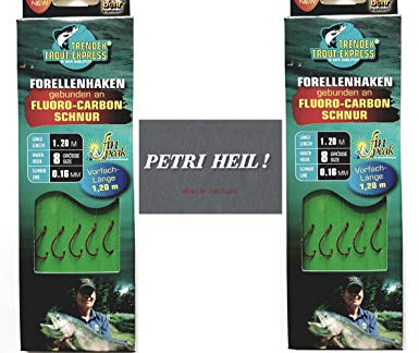 Set: 2-6 Packungen gebundene Forellenhaken (10-30 Stück) an Fluoro-Carbon Schnur Vorfach, Hakengröße 4, 6 & 8 von Behr + gratis Petri Heill! Aufkleber (2 Packungen Hakengröße 8)