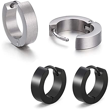 LEEQ Herren/Damen Ohrringe Edelstahl Schwarz Silber matt 4 mm/12 mm Klassische Ohrringe 2stk, 4 Stück (1 Stück) Holz Metall Titan Silber, 4 Stück (1 Stück) Holz Metall Titan, 4 Unité (Lot de 1),