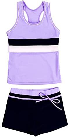 PROALLO Girls Bathing Suits Two Piece Vest Style Swimsuit with Boyshort Tankini Swimwear Purple