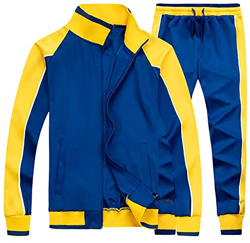 amropi Tute da Ginnastica Uomo Maniche Lunghe Felpa con Cerniera e Jogging Pantaloni Sportiva Set Blu Giallo,M