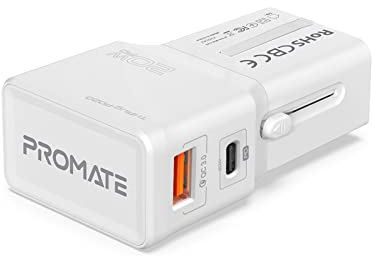 Promate, Kompakt universell reseadapter, 20 W, snabbladdning 3.0, US/UK/EU/AU-kontakter, elegant slide-on plug-design, TriPlug-PD20