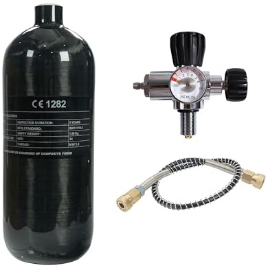 TUXING Serbatoio d'aria in fibra di carbonio da 2 litri 4500 psi (bottiglia vuota) e stazione di riempimento per paintball con indicatore di regolazione della valvola per il gioco PCP