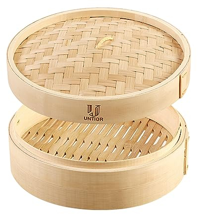 Handmade Bamboo Steamer Basket with Reusable Cotton Liners Multi-use 7 Traditional Dumpling Steamer for Cooking Vegetables, Dim sum, Bao Buns, Fish Meat (7inch -1 tier)