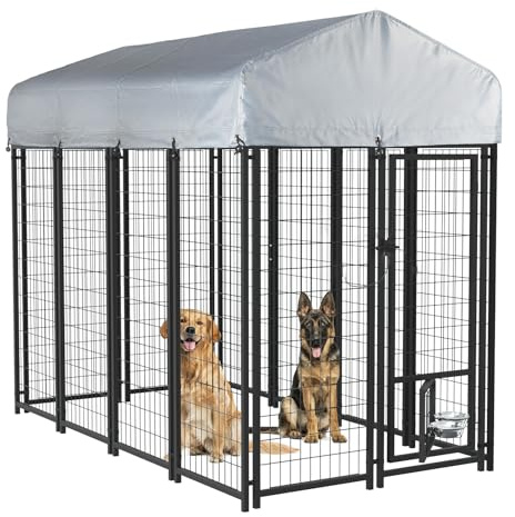 LEMBERI 8x4x6 FT Outdoor Dog Kennel for Large Dogs, Heavy Duty Welded Wire Steel Dog Playpen Fence with Secure Lock, Pet Pen with UV-Resistant Waterproof Roof Cover for Outside