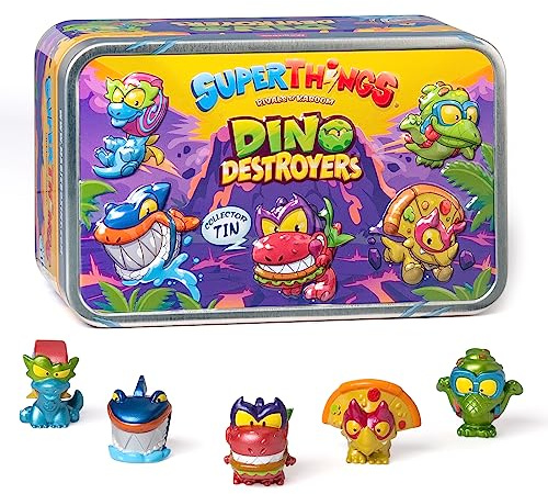 SUPERTHINGS Tin Dino Destroyers – Lata con 5 SuperThings Dinosaurios exclusivos con Efecto Metalizado