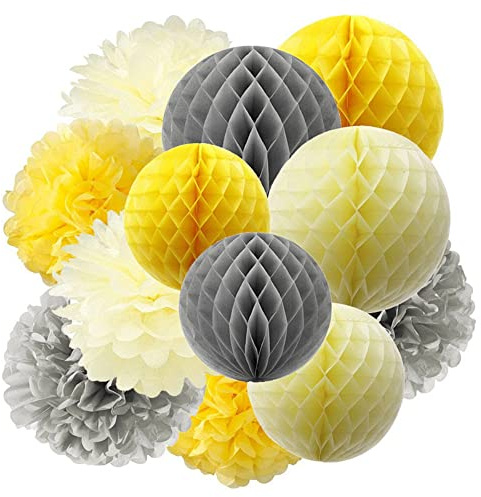 Juego de 12 pompones de papel de seda y bolas de panal de abeja para cumpleaños, bodas, baby showers, fiestas principales, pompones decorativos, confeti de panal, color amarillo y gris