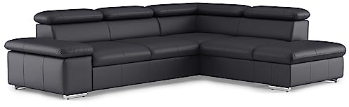 CAVADORE Valerie Canapé-lit en Cuir avec méridienne/Canapé d'angle Convertible + tête de lit réglable / 272 x 73 x 226 cm/Cuir véritable Noir