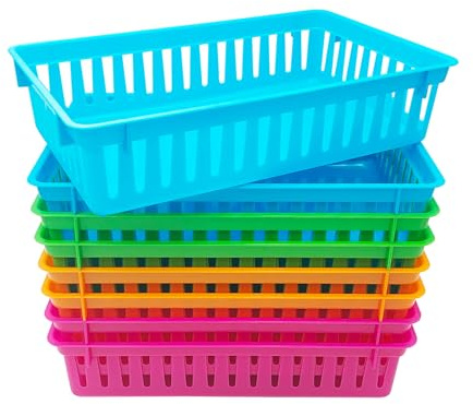 KWAGOCAR 8 Pack Classroom Storage Baskets Bins Colorful Plastic Organizer Basket Small Pencil Holder Tray Mesh Bins for Paper Desk Shelf Home School Office Arts Crafts Toy File Organization