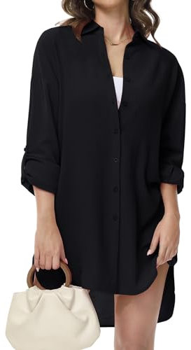 Tanmolo Damen Bluse V-Ausschnitt Hemdbluse Langarm Lässiges Hemd zum Knöpfen Langarmshirt Casual Oberteile Aufrollen Tops (Schwarz,M)