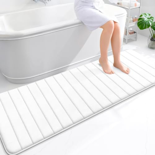 smiry Memory Foam Bath Mat 60 x 180 cm Bathroom Mat White | Extra Soft Non-Slip Absorbent Machine-Washable, Plush Cushioned for Cozy Foot Feel, Ideal for Shower, Sink & Bathroom Entry