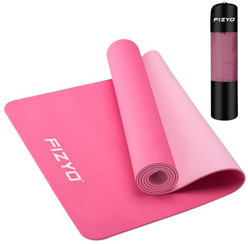 Fizyo Tapis de yoga antidérapant en TPE avec sac de transport pour Pilates, entraînement, fitness, rembourré et antidérapant, ultra fin, 0,6 cm, avec sangle de transport et sac (Rose, 183 x 61 cm)