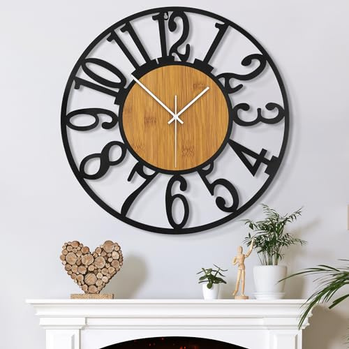 Mee 2ou Große Wanduhr Tickgeräusche, 40CM/16 Zoll Lautlos, Geräuschlose, Batteriebetrieben, Modern, Übergroße, Retro Vintage Übergröße Wanduhr für Wohnzimmer, Schlafzimmer Und Küche