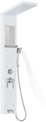 Suusolny Duschpaneelsystem Duschpaneel Duschset Duscharmatur mit 5 Funktionen Massagedusche, Regendusche, Handbrause, Zwei-in-Eins Duschkopf Integrierte Ablagefläche Duschset aus Edelstahl - Weiß