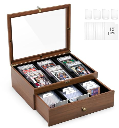 Emfogo Trading Card Storage Box, 70+ Graded Card Storage Box with Custom Drawer, Wood Storage Display Case with Large Clear Window, Sports Trading Card Box with Dividers for TCG/Mtg Collection