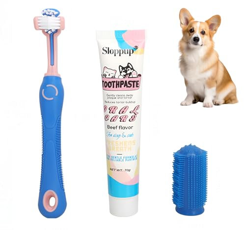 Zahnpasta Hunde Hundezahnpasta Zahnpflege Set(3er Satz) Zahnbürste Hund Hundezahnbürste für Kleine für Hunde Geeignet zur Erfrischung des Atems und zur Reinigung der Hundezähne (Rindfleischgeschmack)
