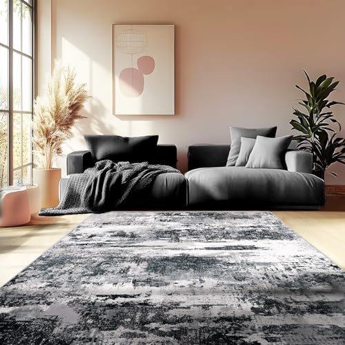 Teppich Wohnzimmer Waschbarer, Abstrakte Teppiche Schlafzimmer, Moderner Kurzflor Teppich, Teppich Weich Waschbar rutschfest Design für Esszimmer Büro Bereich Dekor Schwarz Weiss Größe 120X160cm