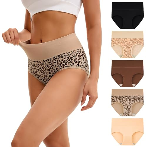 INNERSY Damen Slip Baumwolle High Waist Unterhosen Postpartum Winter Unterwäsche Hüftslips 5er Pack (L, 2 Leopard/Schwarz/Braun/Hautfarben)