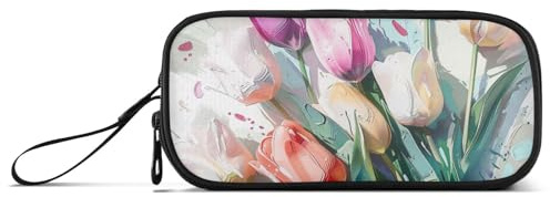 Estuche de nailon con cremallera de gran capacidad, organizador de artículos de papelería para mujeres de secundaria, fondo blanco con tulipanes de diferentes colores dispuestos de manera desordenada