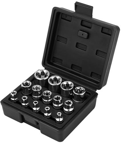 Bixury Juego de 14 llaves de vaso E-Torx Llaves Vaso Torx Hembra Set de Acoplamiento de Tornillo E-TORX 1/4 3/8 1/2 E4 E5 E6 E7 E8 E10 E11 E12 E14 E16 E18 E20 E22 E24 con Funda de Almacenamiento