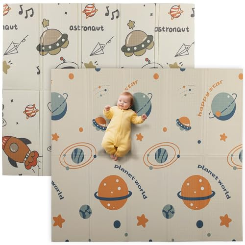 AIYAPLAY Tappeto per Bambini 0-6 Anni da 3.45㎡ a Tema Spazio con Superficie Impermeabile, Tappeto Gattonamento in XPE, 196x176x1.5 cm, Multicolore