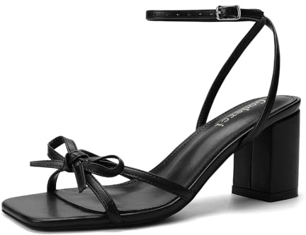 Goderci Bow Strappy Heels for Women Square Open Toe Mid Chunky Block Heeled Sandals(9,Black)