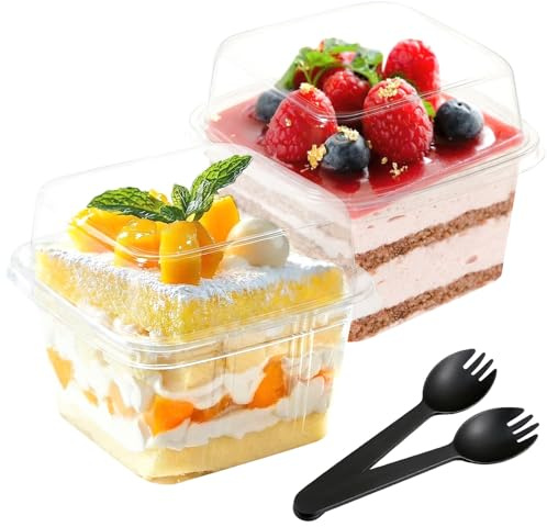 Jogoico Tazze da Dessert in Plastica con Coperchi 50 Pezzi Coppe da Dessert Quadrate 240ml/8oz Bicchiere da Dessert con Coperchio Coppette per Budino per Mousse Gelati Compleanni Matrimoni