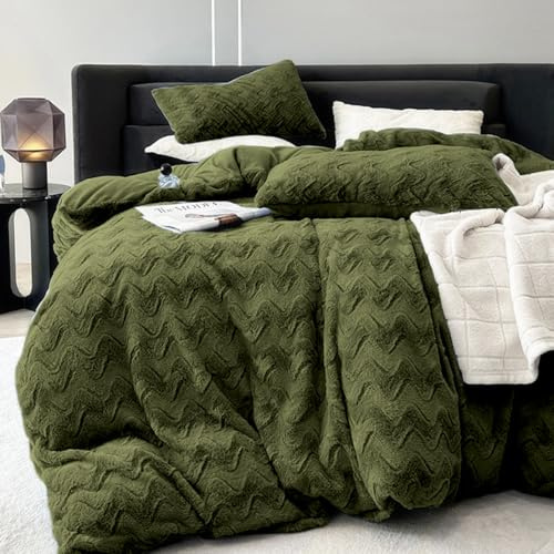 Lanqinglv Ropa de cama de invierno 135 x 200 cm, color verde oliva, mullida, funda nórdica con 1 funda de almohada de 80 x 80 cm, ropa de cama de invierno Öko-Tex de 135 x 200 cm, de felpa cálida con