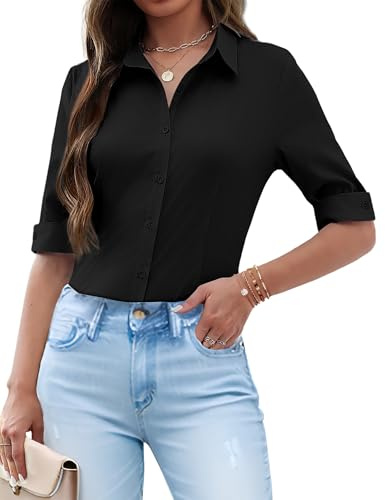 Blouses for Women UK Fitted Shirt Short Sleeve Blouse Ladies Shirts Black S