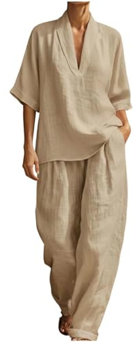 Udbeksid Completo Lino Donna Estate 2 Pezzi - Set Top Scollo a V e Pantaloni Gamba Larga Tuta Estiva Leggera e Traspirante Outfit ampia Boho Chic Casual confortevole per Vacanze (05,3XL)