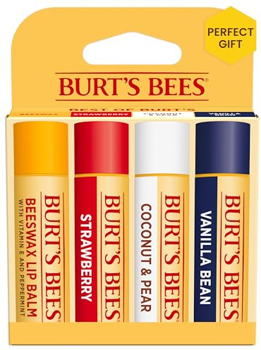 Burt's Bees Lip Balm, Beeswax, Strawberry, Coconut and Pear, and Vanilla Bean Pack, With Responsibly Sourced Beeswax, Tint-Free, Natural Lip Treatment, 4 Tubes, 0.15 oz.