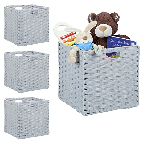4 x Aufbewahrungskorb,quadratisch, Stauraum für Bad u. Kinderzimmer, Regalkorb geflochten, H x B x T: 31x32x30 cm, grau