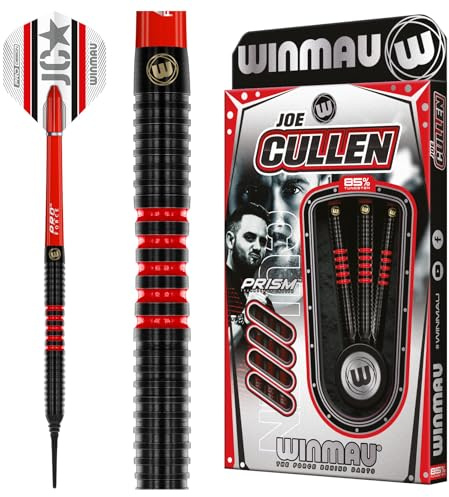 WINMAU Darts - Joe Cullen 85% Pro-Series 18g Barrel / 20g Full Weight Soft Tip Darts Set with Dart Flights and Dart Shafts (Stems)
