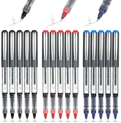 TRUEIN Tintenroller Stifte 0.5mm, 15 Flüssigtinte Rollerball Stift, Gelschreiber, Schnelltrocknende Kugelschreiber zum Schreiben, Notizen Machen, Zeichnen, Schule, Bürobedarf (Rot Blau Schwarz)