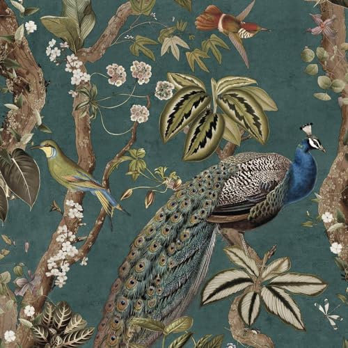 Peacock Woods Aqua Teal Wallpaper - Modern Naturistic Floral Flowers Birds - Stylish Trendy Feature Wall