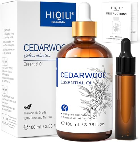 HIQILI Olio Essenziale di Legno di Cedro 100ml, 100% Naturale di Grado Terapeutico, Contagocce in Vetro Premium, per la Cura dei Capelli e Della Pelle, per la Produzione di Sapone