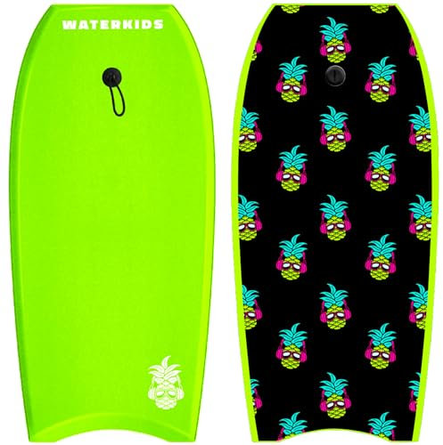 Planche de bodyboard pour enfants « Flying Pineapple » de 91,4 cm et laisse, graphismes vibrants, dessus doux et léger, noyau en mousse, fond lisse en polyéthylène haute densité et laisse de poignet