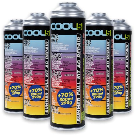 Cool5 5 x Summer Full Kit AC 5-in-1 Repair - Replacement Gas Gas, Air Conditioning Oil, Sealant for Aluminium and Rubber Parts, Desiccant - For Vehicles 1995-2016, Bulk Pack 290 g
