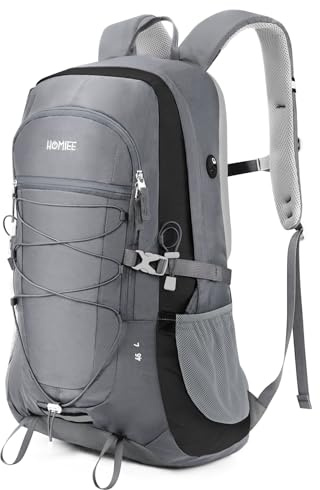 HOMIEE Mochila de Senderismo 45L Bolsa de Impermeable Nylon para Caminatas para Computadora Portátil Adecuada para Caminatas Excursiones Deportes al Aire Libre, Gris con Negro